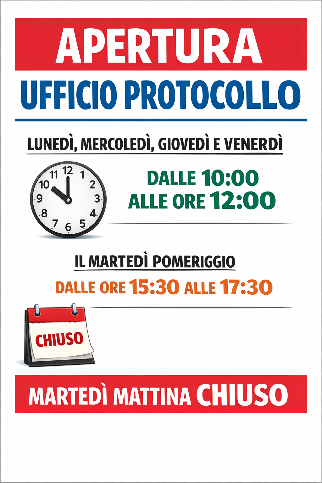 ORARI DI APERTURA UFFICIO PROTOCOLLO